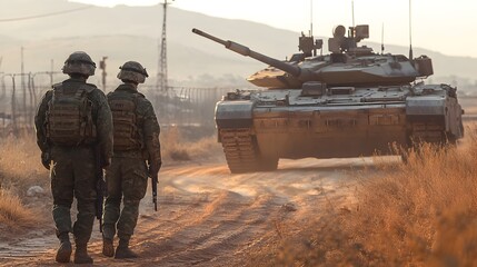 Military Soldiers Conducting Border Patrol with Armored Vehicles in Desert