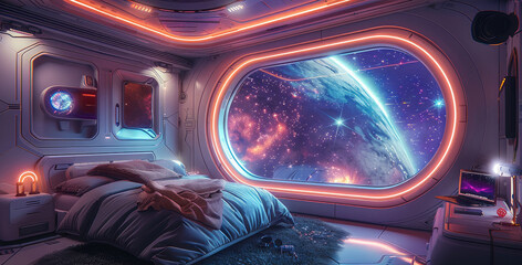 Aufkleber - Cozy bedroom on the space station, large window with view of galaxy, neon lights. Generative AI.