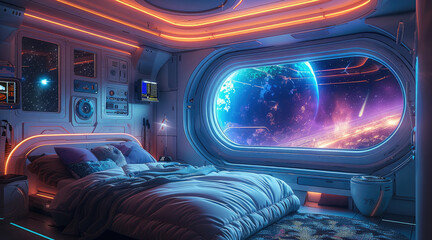 Aufkleber - Cozy bedroom on the space station, large window with view of galaxy, neon lights. Generative AI.