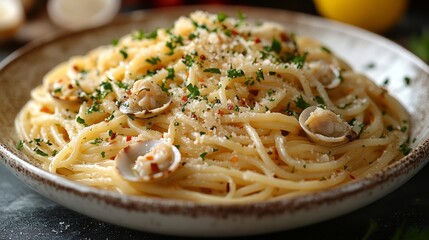 A bowl of clam linguine tossed in a garlic and whi  232 food, pizza, cheese, meal, plate, italian, pasta, dinner, tomato, dish, white, sauce, lunch, cuisine, baked, vegetable, delicious, gourmet, rest