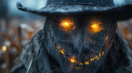 Scarecrow with Fiery Eyes in a Dark Cornfield