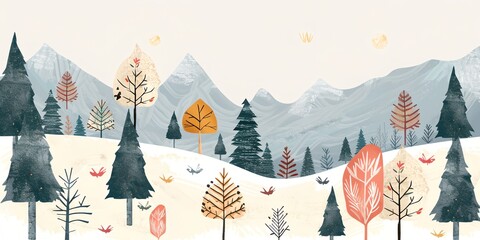 Wall Mural - A painting of a snowy mountain landscape with trees and mountains. The trees are in various stages of fall, with some still green and others with leaves falling. The sky is cloudy