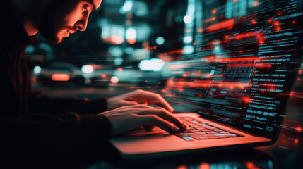Hands of a person intensely typing on a laptop with bright red lights surrounding the screen, suggesting an environment of high-tech data and programming.