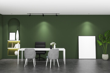 Wall Mural - 3d render of wall mockup office room. Minimal interior design with niche book shelves. Gray cement floor, green wall and white ceiling. Set 36