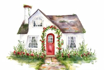 Wall Mural - A white house with a red door and a red archway