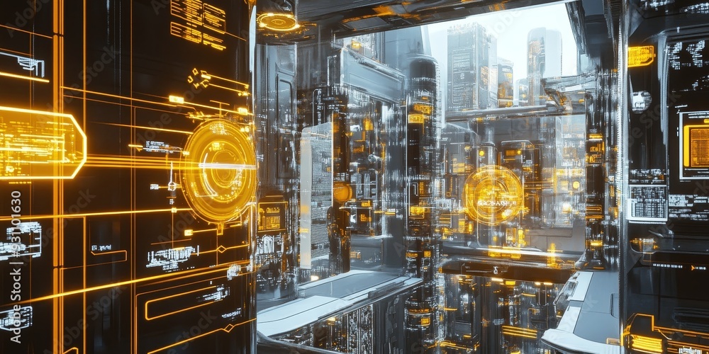 A detailed view of augmented reality within a futuristic architectural ...