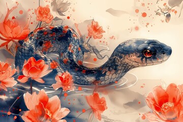 Blue snake zodiac symbol with flowers of Chinese lunar new year, illustration for calendar