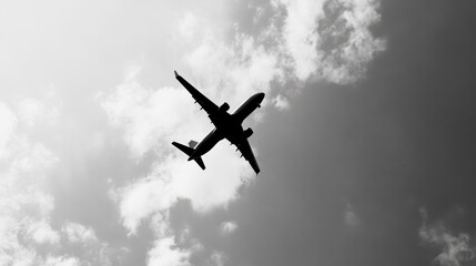 Airplane taking off into a clear sky with a dramatic angle of ascent. Crisp silhouette against soft clouds creates a sense of motion and adventure, capturing the excitement of travel.