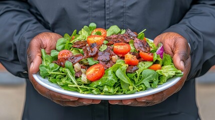 Delicious salad with fresh greens, tomatoes, and savory toppings served on a plate by a hands holding it with care.