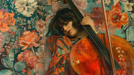 Wall Mural - woman with cello in floral design.