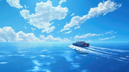 An anime-style landscape of a vintage car speeding across a calm blue ocean, with a nearly cloudless sky and no land in sight.