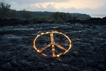 Wall Mural - A peace symbol outlined with glowing lava rocks, set against a dark, volcanic landscape at dusk The contrast is striking and powerful, Generative AI 