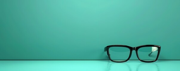 Black framed glasses on a teal surface. Minimalist design with copy space.