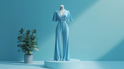 A detailed 3D conceptual photograph of a jumpsuit displayed on a mannequin standing on a minimalist podium. The isolated background enhances the focus on the jumpsuit's design, while the