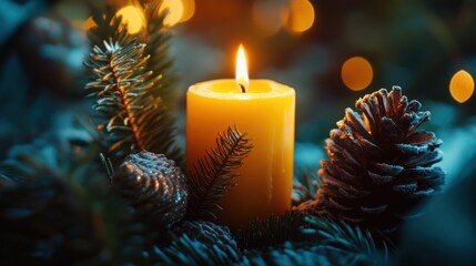 Burning Candle in a Snowy Forest Setting