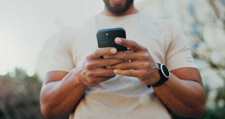 Poster - Man, hands and typing with phone in nature for social media, sports news or online browsing. Closeup of male person on mobile smartphone or app for internet connection, chat or outdoor communication