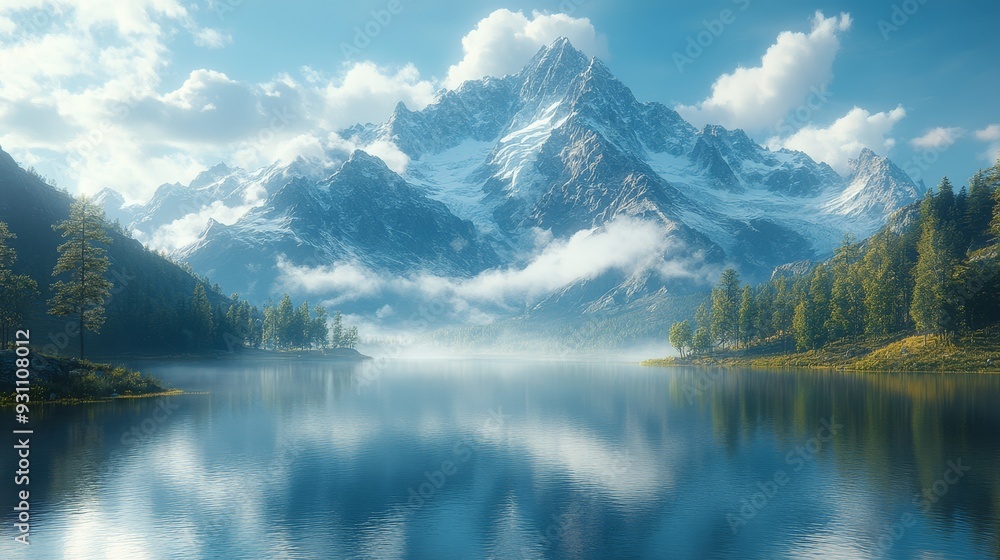 A serene mountain lake at sunrise with mist rising 722 lake, mountain ...