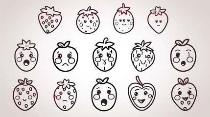 Canvas Print - Set of cute cartoon strawberries with various expressions.