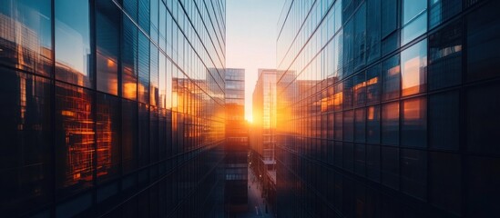 Wall Mural - Sunset Reflected in Glass Facade of Modern Skyscrapers