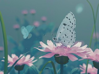 Poster - White butterfly with black spots resting on a pink flower.