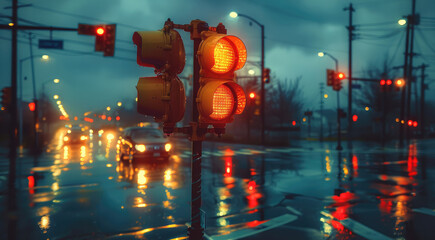 Wall Mural - A traffic light at a busy intersection on a gloomy evening. The sky is overcast with dark clouds, and the street is wet from recent rain. Generative AI.