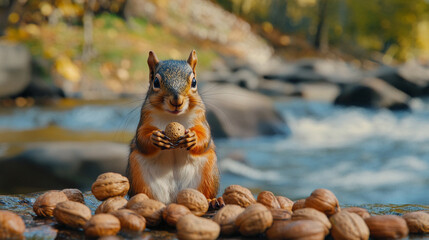 Squirrel with nut sky leaves forest.