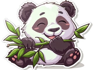 Wall Mural - Cartoon panda bear sticker holding bamboo.