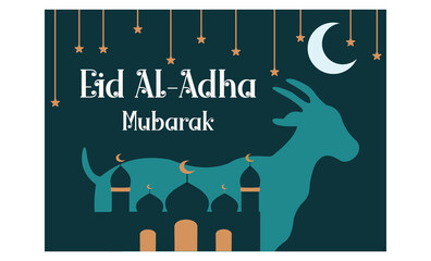 Wall Mural - Image of mosque and goat in silhouette with glowing lantern for eid al adha mubarak. flat vector modern illustration