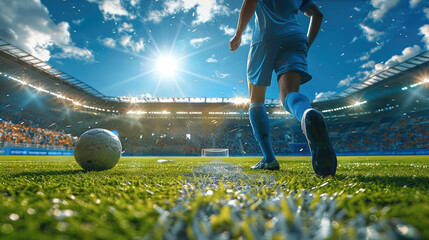 Wall Mural - A football player, Kicking the ball at the penalty spot. In front of you a football goal and a goalkeeper. Blue shirt, football stadium. Generative AI.