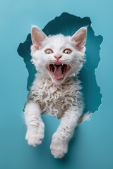 Poster - White cat with curly fur sticking its head through a hole in a blue wall.