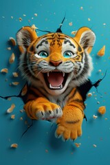 Sticker - Playful tiger cub bursts through blue background with a joyful expression.