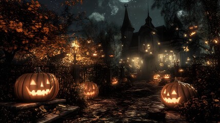 haunted halloween garden with spooky autumn scenery