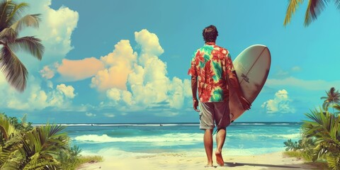 Man walking on beach with surfboard, palm trees, blue sky, and ocean.