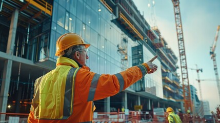 Aufkleber - A project manager, pointing towards the glass building under construction, wearing a high-visibility jacket and hard hat. The glass building is in mid-construction with cranes and scaffolding.
