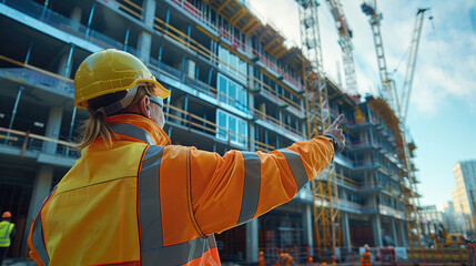 Aufkleber - A project manager, pointing towards the glass building under construction, wearing a high-visibility jacket and hard hat. The glass building is in mid-construction with cranes and scaffolding.