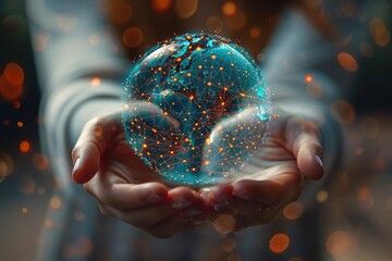 Poster - A woman holds a global network connection in her hand. Wireless communication technology, Internet communication. Polygonal futuristic technology. Generative AI.
