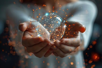 Poster - A woman holds a global network connection in her hand. Wireless communication technology, Internet communication. Polygonal futuristic technology. Generative AI.
