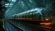 © Constantine Art - A futuristic train with a transparent body, gliding through a lush green indoor garden. The train is illuminated with warm orange light.