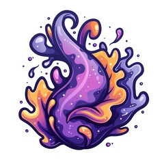 Sticker - Abstract purple and orange liquid splash with white dots.