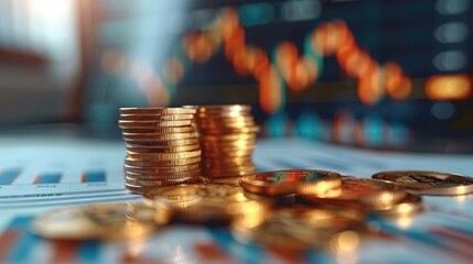 Poster - Asset allocation planning, investment charts, pile of coins, focus cover all object. Generative AI.