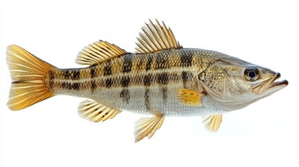 Side view of a striped bass isolated on a white ba  137 fish, isolated, food, white, fresh, animal, carp, raw, fishing, fin, seafood, nature, sea, bream, healthy, tail, catch, crucian, white backgroun