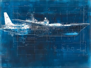 Conceptual blueprint of a transport system where ships and planes work in tandem, transferring cargo midmovement across sea and air Movement Ship Flight, Tandem transport