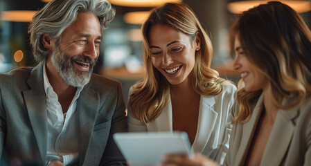 Poster - A real estate professional sharing property insights on a digital tablet with smiling clients in a comfortable office setting, portraying collaboration and successful transactions. Generative AI.