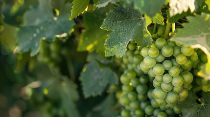 Canvas Print - Immature grapes on vine in vineyard prior to harvest Blank area for text or design