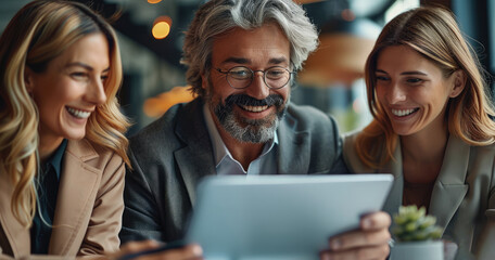 Poster - A real estate professional sharing property insights on a digital tablet with smiling clients in a comfortable office setting, portraying collaboration and successful transactions. Generative AI.