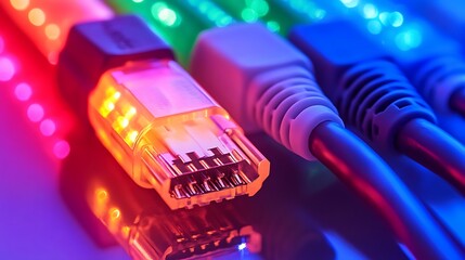 Close-up of Network Cables with Colorful Lights