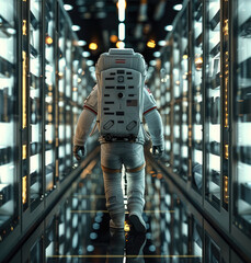 Fototapete - Rear view, Astronaut searching for files in massive document lockers. Generative AI.