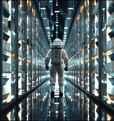 Fototapete - Rear view, Astronaut searching for files in massive document lockers. Generative AI.