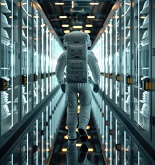 Fototapete - Rear view, Astronaut searching for files in massive document lockers. Generative AI.