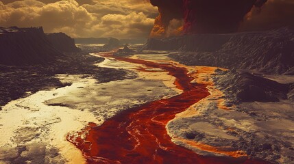 9. A surreal scene of toxic red rivers flowing through a barren, polluted landscape